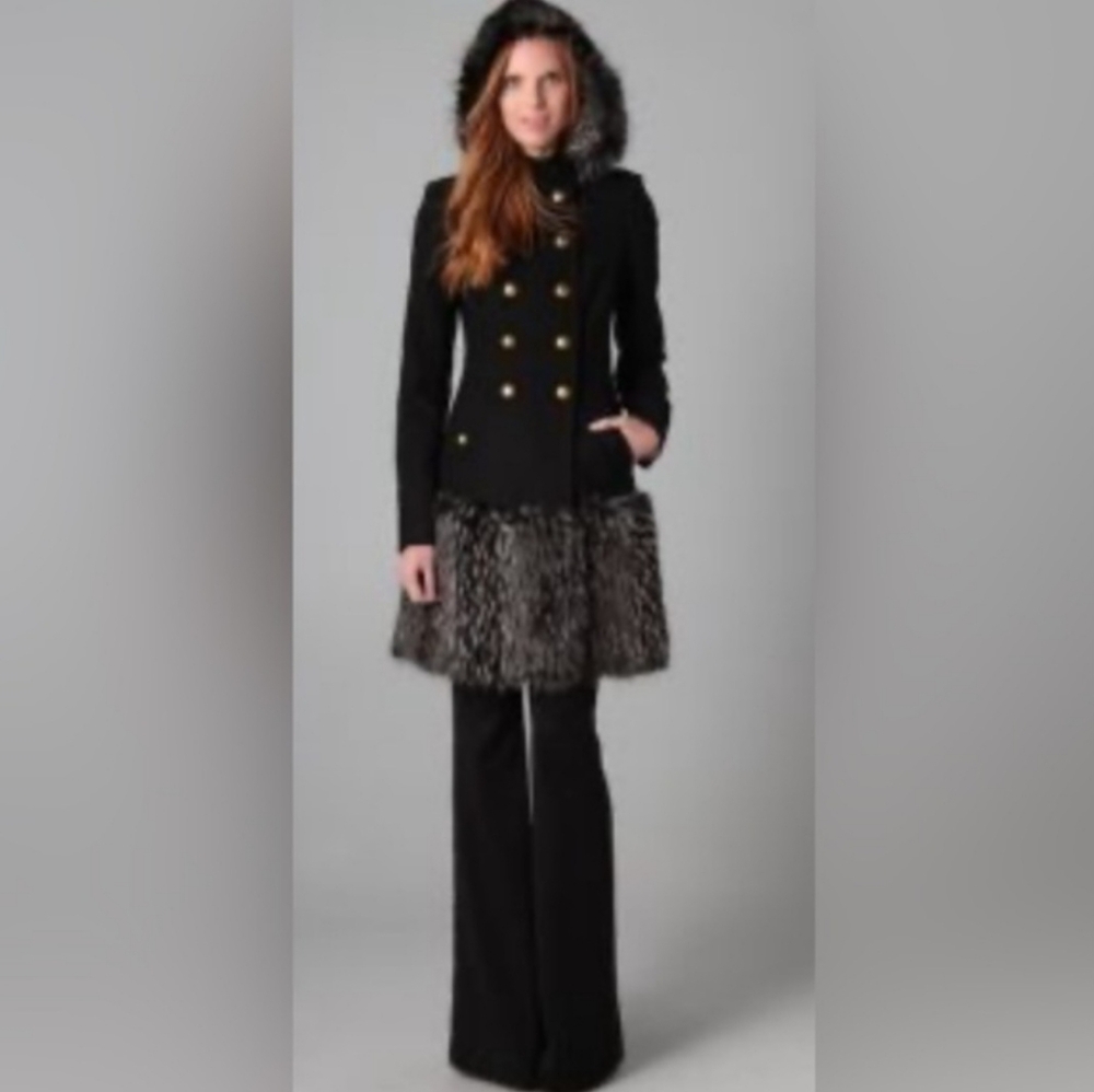 Rachel Zoe Military Style Coat Faux Fur Detail Detachable Hood 6 Like New